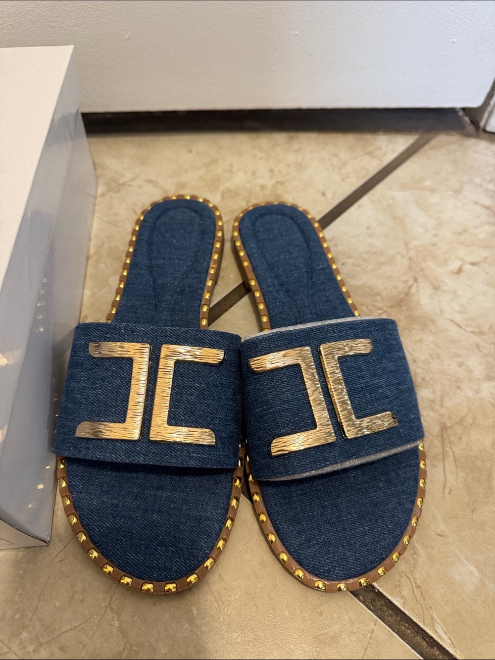 Denim Slide Sandals with Gold Accent